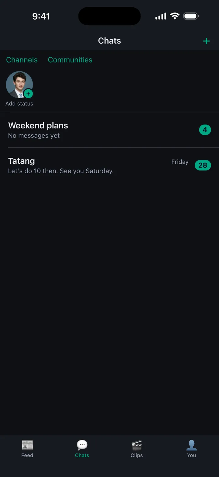 The chat list, with a group and a conversation showing unread counts.