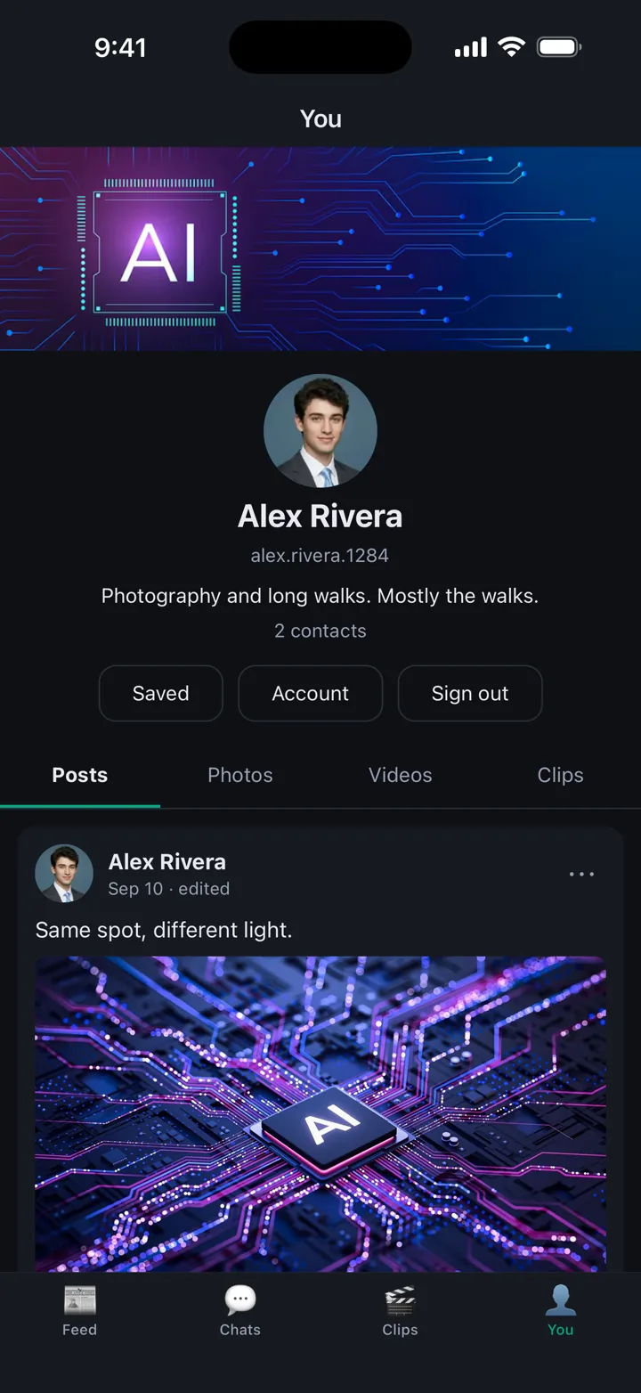 A profile with a cover photo, a bio, and tabs for posts, photos, videos and clips.