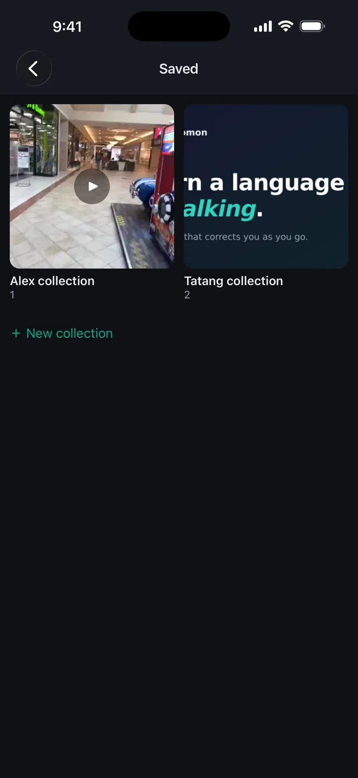 The Saved page, showing collections as tiles.